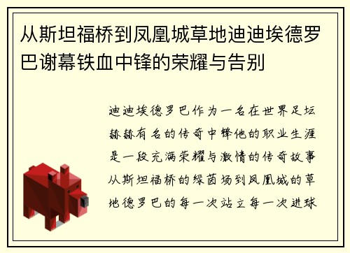 从斯坦福桥到凤凰城草地迪迪埃德罗巴谢幕铁血中锋的荣耀与告别 从斯坦福桥到凤凰城草地迪迪埃德罗巴谢幕铁血中锋的荣耀与告别