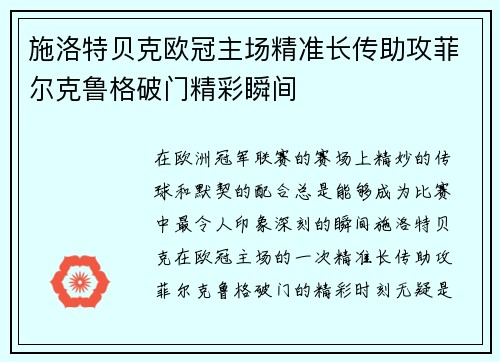 施洛特贝克欧冠主场精准长传助攻菲尔克鲁格破门精彩瞬间